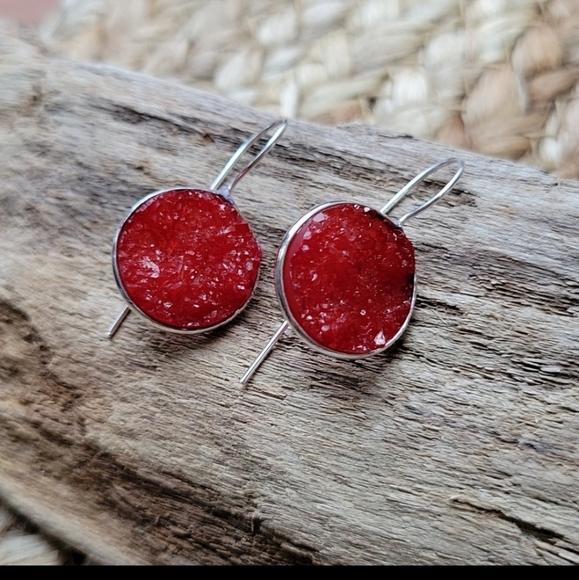 Jewelry - Red glass druzy stone wire drop earrings, silver tone